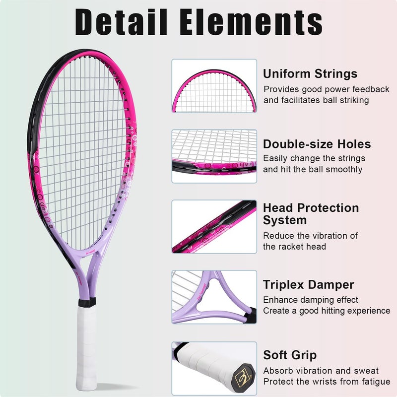 BOWEI 17"-25" Kids Tennis Racket for Aged 2-12 Lightweight Youth Tennis Racquet for Girls and Boys Outdoor/Indoor Sports with 1 Non-Slip Grip and 1 Shoulder Strap Bag Easy Carry - Image 4